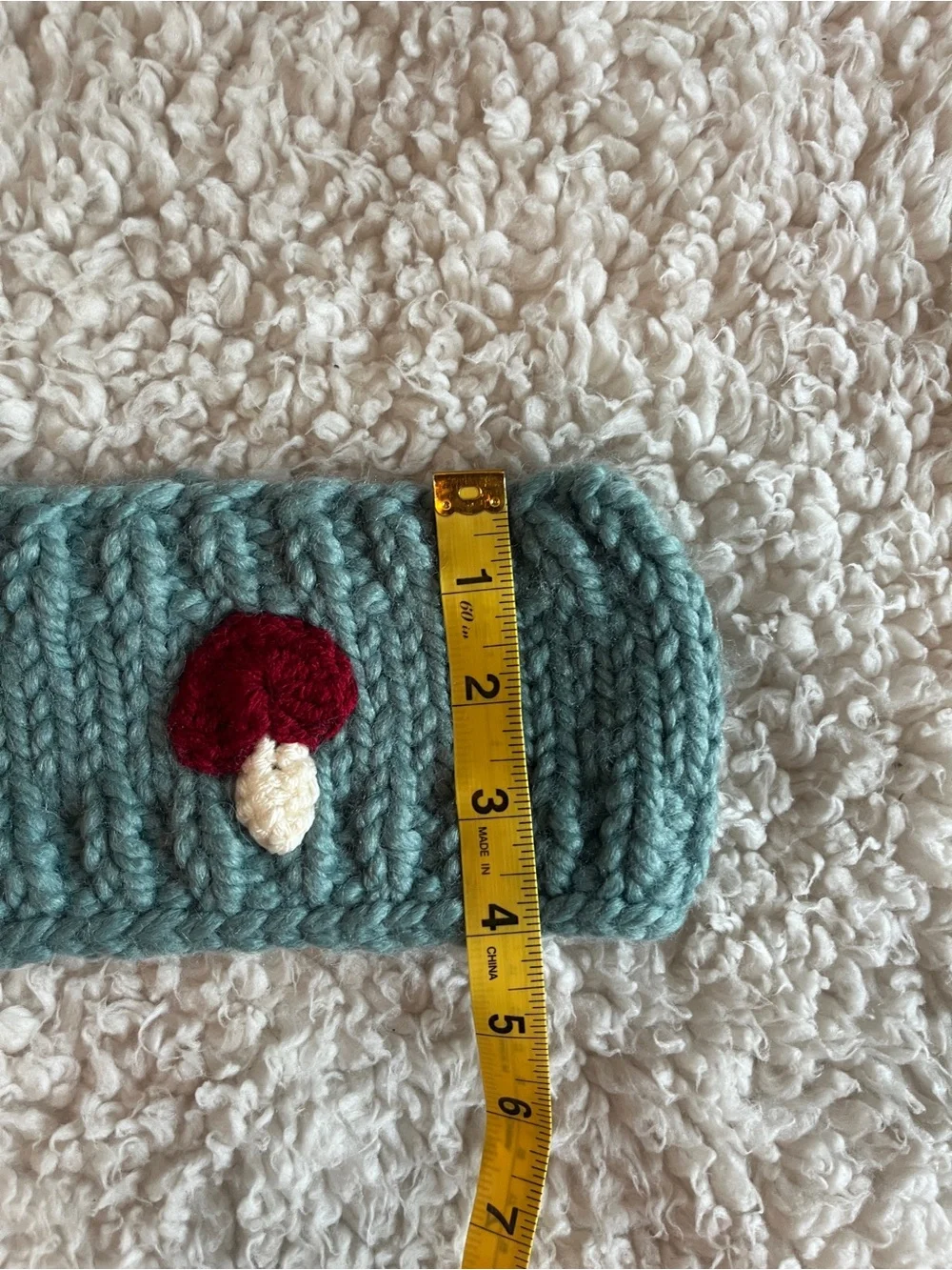 Handknit Teal Ear Warmer with Red Mushroom Appliqué